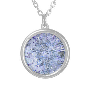 Elegant ice blue mosaic, modern silver plated necklace