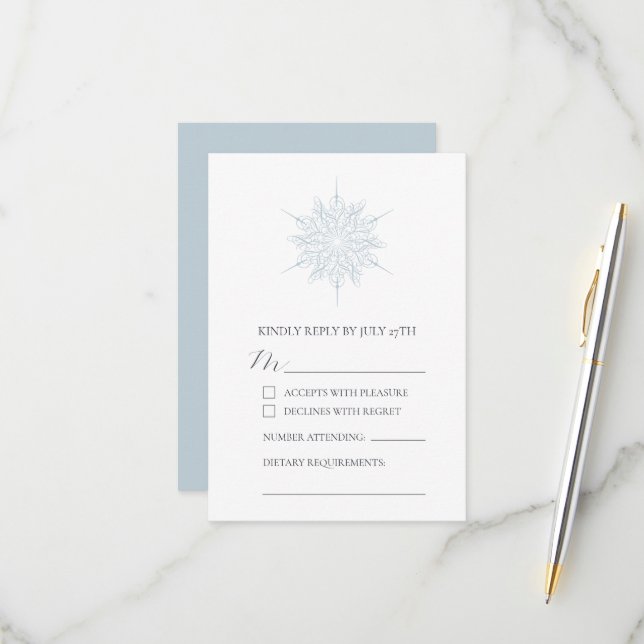 Elegant Ice Blue Snowflake Winter Wedding RSVP Card (Front/Back In Situ)
