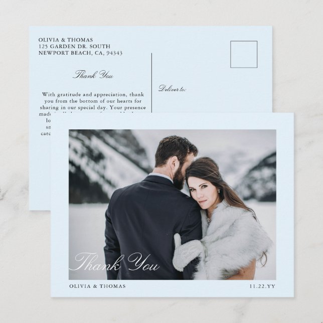 Elegant Ice Blue Winter Wedding Photo Thank You Postcard (Front/Back)