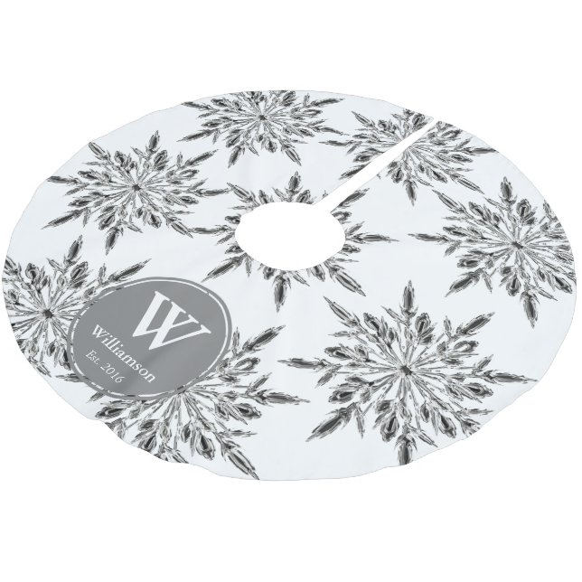 Elegant Ice Crystal Snowflakes Family Name Brushed Polyester Tree Skirt (Angled)