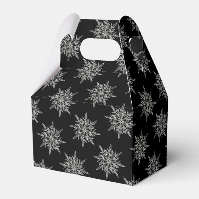 Elegant Ice Crystals Snowflakes Pattern on Black Favor Boxes (Front Side)