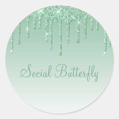 Elegant Ice Green Glitter Script Modern Girly Glam Classic Round Sticker