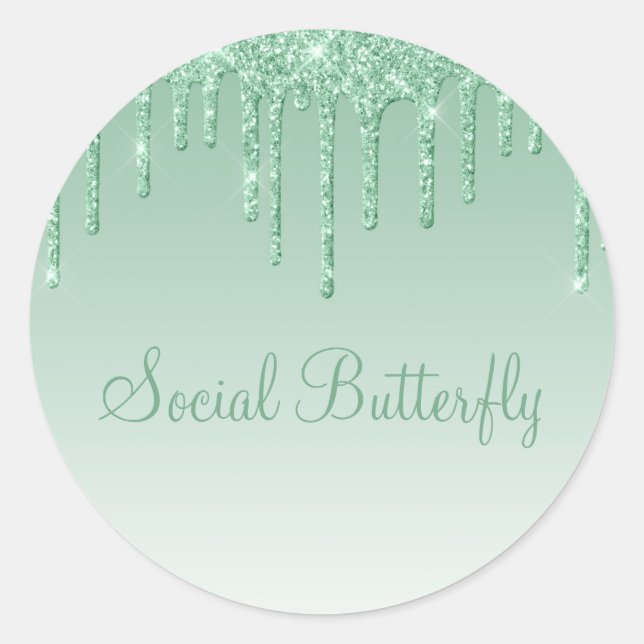 Elegant Ice Green Glitter Script Modern Girly Glam Classic Round Sticker (Front)