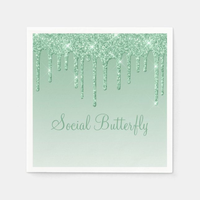 Elegant Ice Green Glitter Script Sparkle Modern Napkins (Front)