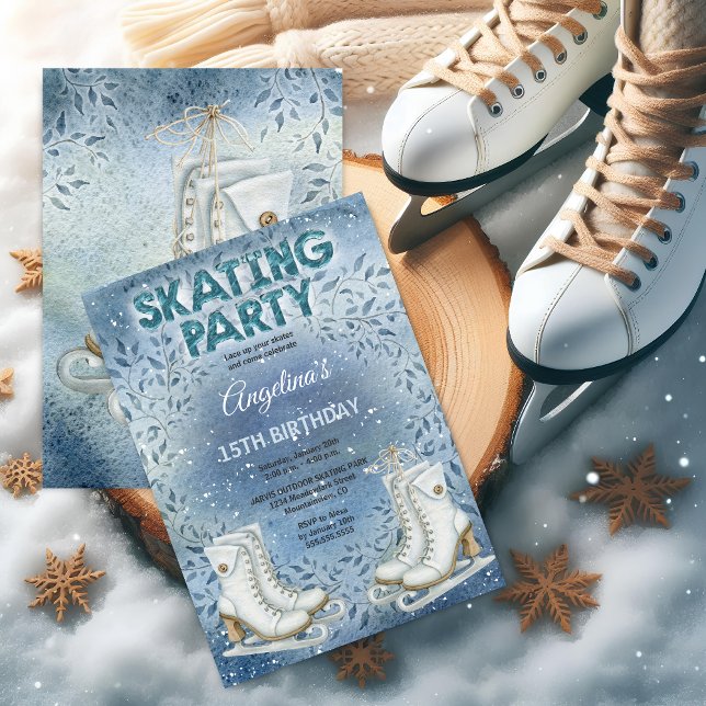 Elegant Ice Skating Birthday Party Invitation (Ice skating party invitation front and back view.)