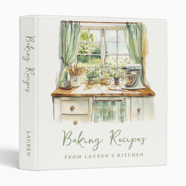Elegant Illustrated Watercolor Baking Recipes 3 Ring Binder (Front/Spine)