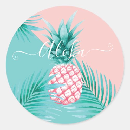 elegant illustration of aloha pineapple baby showe classic round sticker