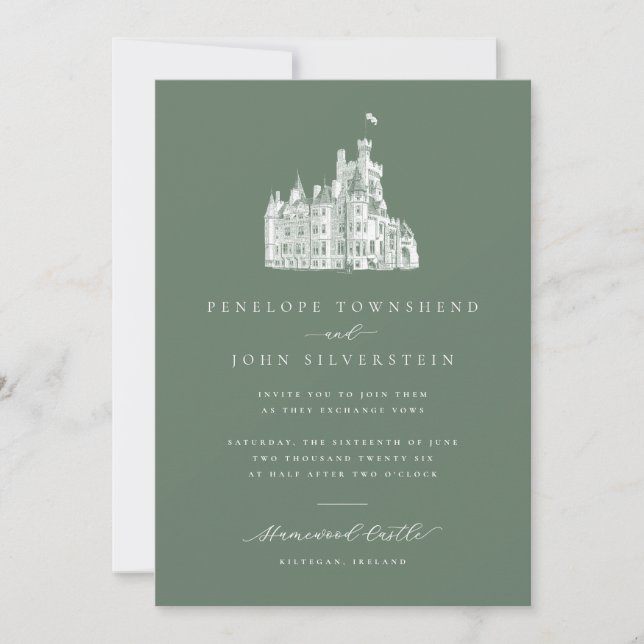 Elegant Illustration Sage Green Castle Wedding Invitation (Front)
