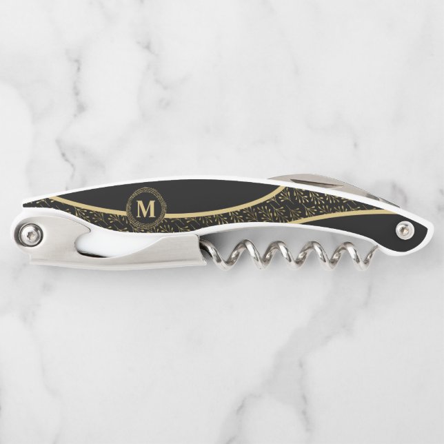 Elegant in Black & Gold Wreath Classic Monogram Waiter's Corkscrew (Front)