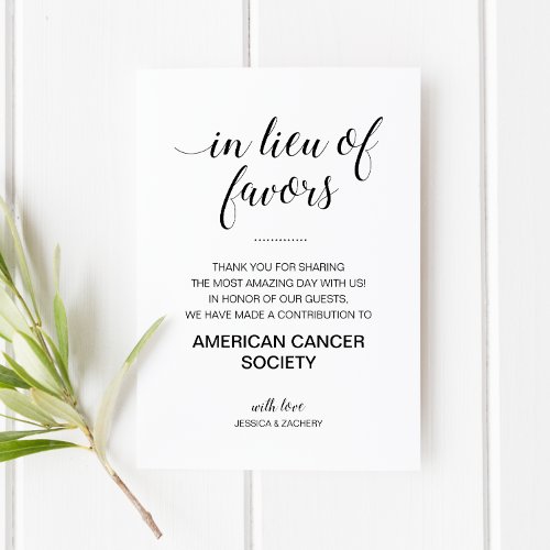 Elegant In Lieu Of Favors Charity Donation Wedding Place Card