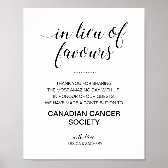 Elegant In Lieu Of Favors Donation Wedding Sign (Front)