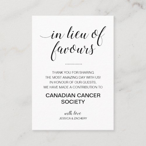 Elegant In Lieu Of Favours Donation Wedding Place Card