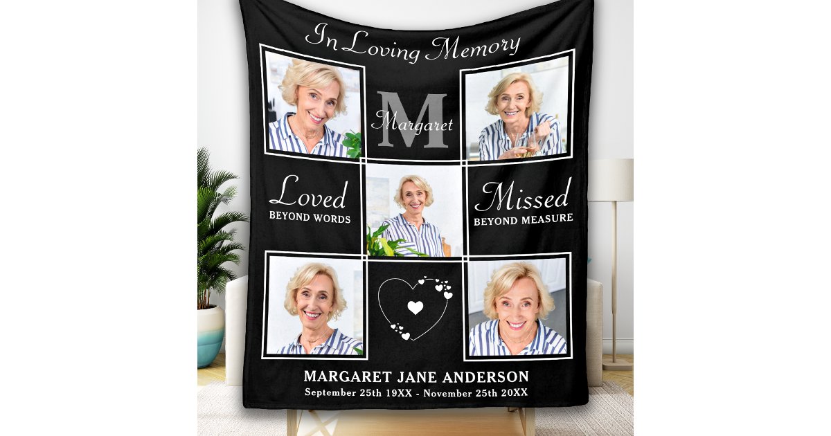 Elegant In Loving Memory 5 Photo Collage Memorial Fleece Blanket | Zazzle
