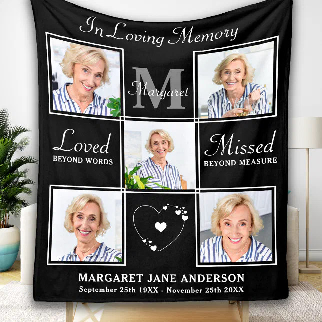 Elegant In Loving Memory 5 Photo Collage Memorial Fleece Blanket | Zazzle
