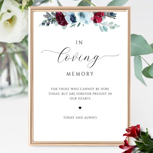 Elegant In loving Memory Blue and Red Floral Sign