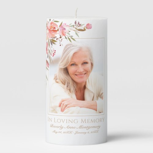 Elegant In Loving Memory Blush Pink Floral Photo Pillar Candle
