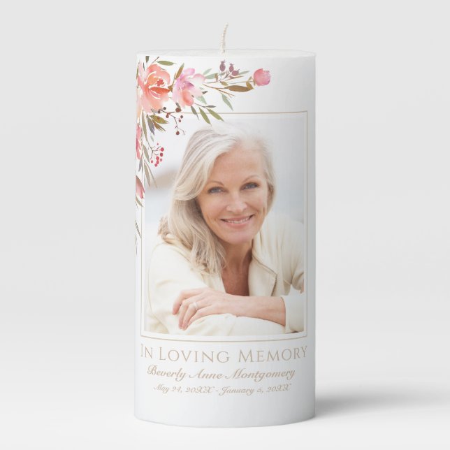 Elegant In Loving Memory Blush Pink Floral Photo Pillar Candle (Front)