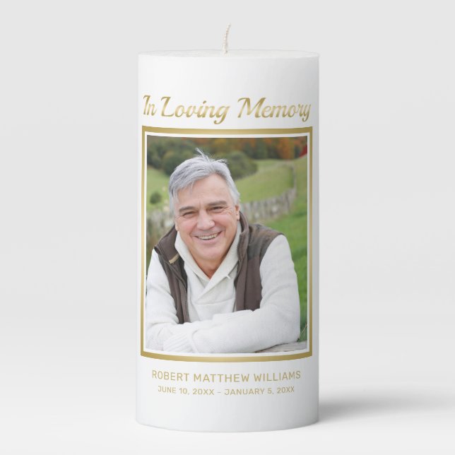 Elegant In Loving Memory Gold White Photo Pillar Candle (Front)