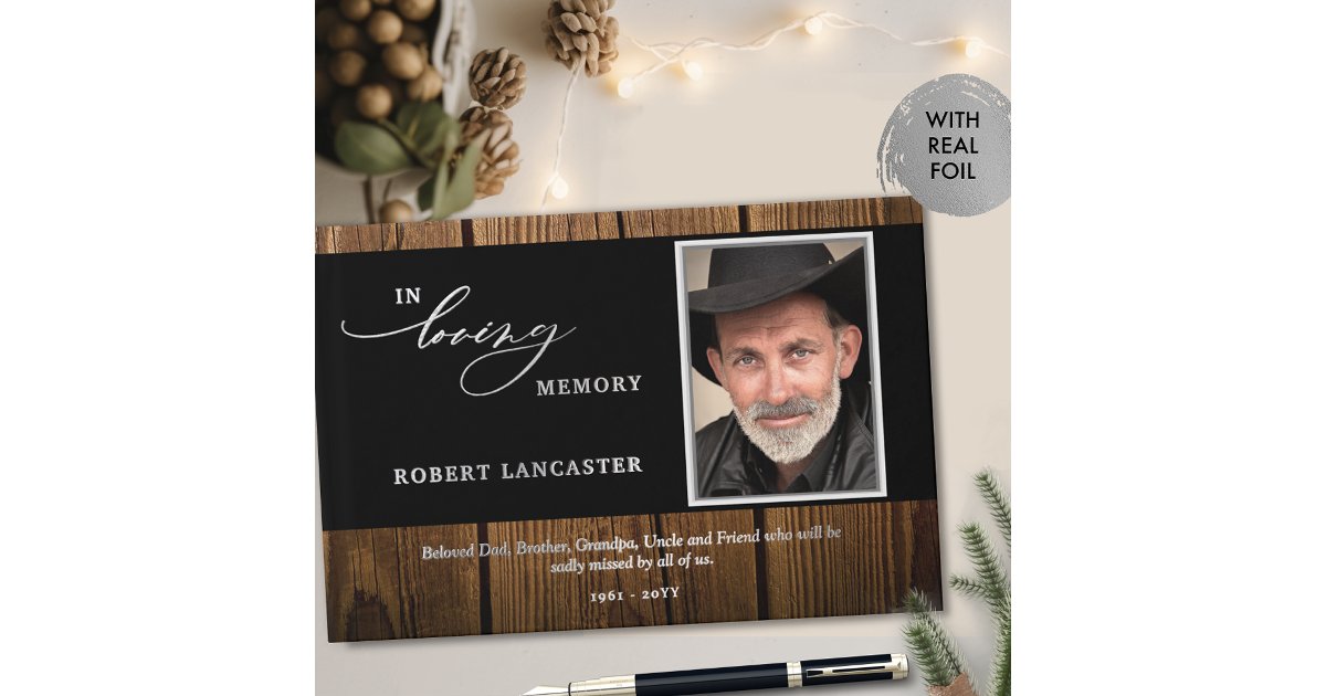 Rustic Memory Slideshow Elegant In Loving Memory Wood Rustic Photo Funeral Foil Guest Book | Zazzle