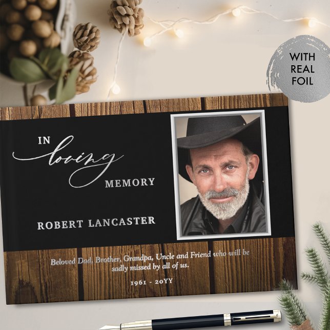 Elegant In Loving Memory Wood Rustic Photo Funeral Foil Guest Book (Creator Uploaded)