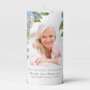 Elegant In Memory of Blue Hydrangea Floral Photo Pillar Candle
