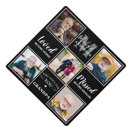 Elegant In Memory Personalized 5 Photo Memorial Graduation Cap Topper - Honor your beloved on graduation day with a custom photo collage memorial graduation cap topper. This unique memorial keepsake graduation cap is the perfect gift for yourself, family or friends to pay tribute to your loved one. We hope your memorial graduation cap topper will bring you peace, joy and happy memories. 
Quote " Loved Beyond Words, Missed Beyond Measure ... This One's For You "
Customize with your favorite loved one's photos. You can change 'Mom' in personalztion, if it ia a tribute to a 'Dad', 'Grandma', etc.
See 'personalize this template' to change photos . A Celebration of Life . COPYRIGHT © 2020 Judy Burrows, Black Dog Art - All Rights Reserved. Elegant In Memory Personalized 5 Photo Memorial Graduation Cap Topper