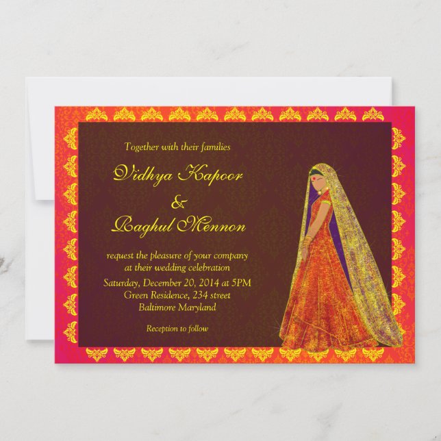 Elegant Indian Bride / Damask Wedding Announcement (Front)