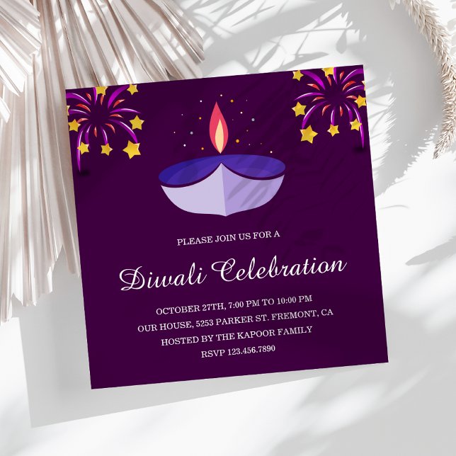 Elegant Indian Diya Lamp Purple Diwali Party Invitation
