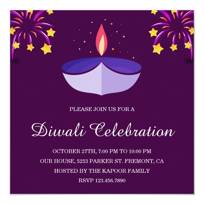 Elegant Indian Diya Lamp Purple Diwali Party Invitation