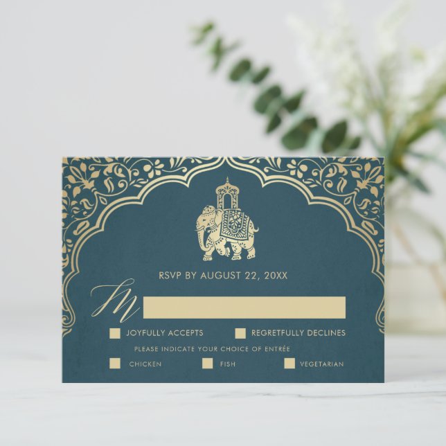 Elegant Indian Ganesha Wedding RSVP Card Gold (Standing Front)