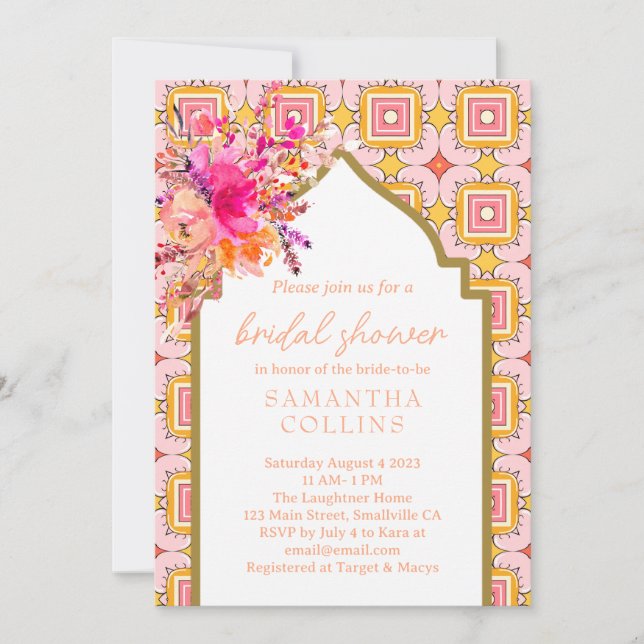 Elegant Indian Pink Yellow Flower Bridal Invitation (Front)