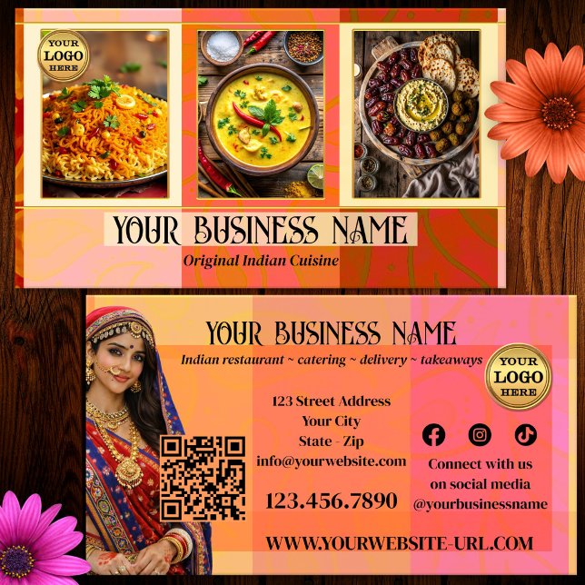 Elegant Indian Restaurant and Catering QR Code Business Card (Exotic Indian restaurant - takeaway - catering business card with custom photos, social media, QR)