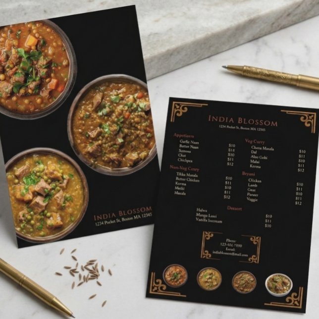 Elegant Indian Restaurant Gold Border Flat Menu (Creator Uploaded)