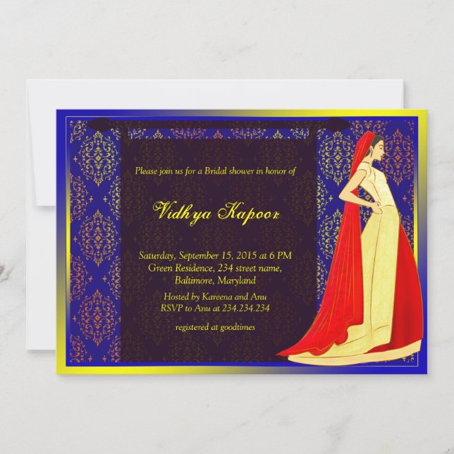 Elegant Indian Wedding Damask Bridal Shower Invite (Front)
