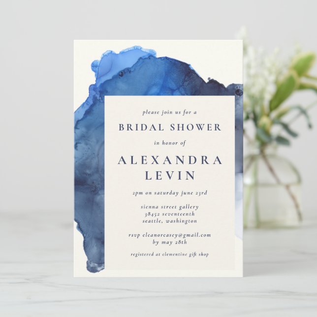 Elegant Indigo Abstract Watercolor Bridal Shower  Invitation (Standing Front)