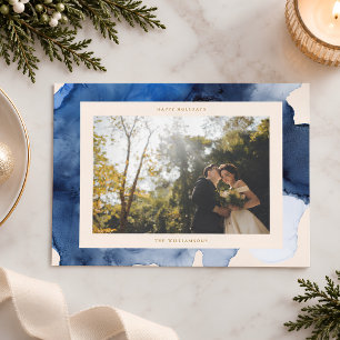 Elegant Indigo Abstract Watercolor Christmas Photo Holiday Card