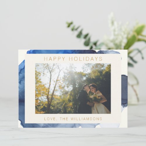 Elegant Indigo Abstract Watercolor Couple Photo Holiday Card