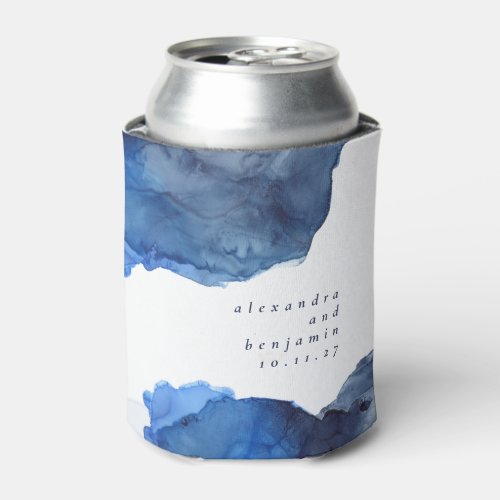 Elegant Indigo Abstract Watercolor Wedding Custom Can Cooler