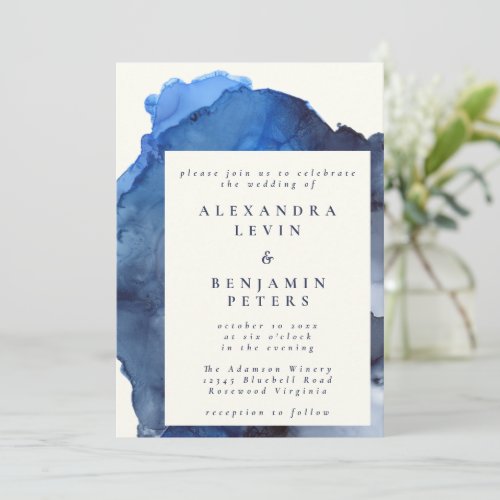 Elegant Indigo Abstract Watercolor Wedding Invitation