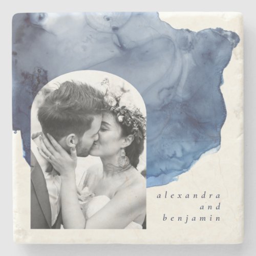 Elegant Indigo Abstract Watercolor Wedding Photo  Stone Coaster