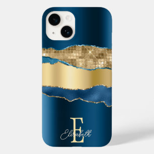 Elegant Indigo Blue Agate Gold Sequins Case-Mate iPhone 14 Case