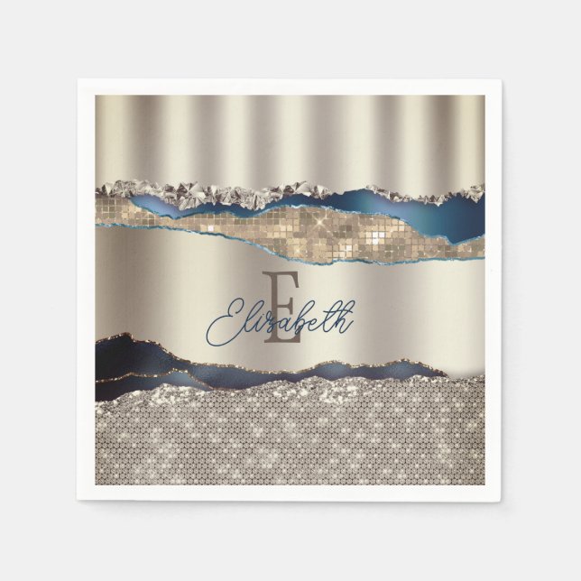 Elegant Indigo Blue Agate Sequins  Napkins (Front)