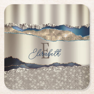 Elegant Indigo Blue Agate Sequins Square Paper Coaster