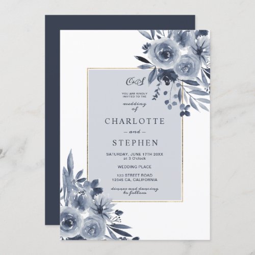 Elegant indigo blue floral watercolor gold wedding invitation