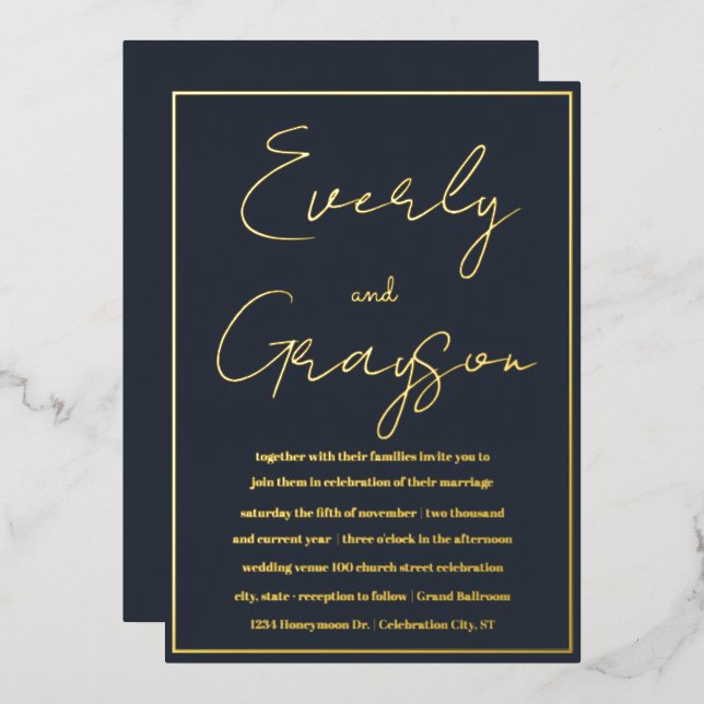 Elegant Indigo Blue & Gold Wedding     Foil Invitation (Front/Back)
