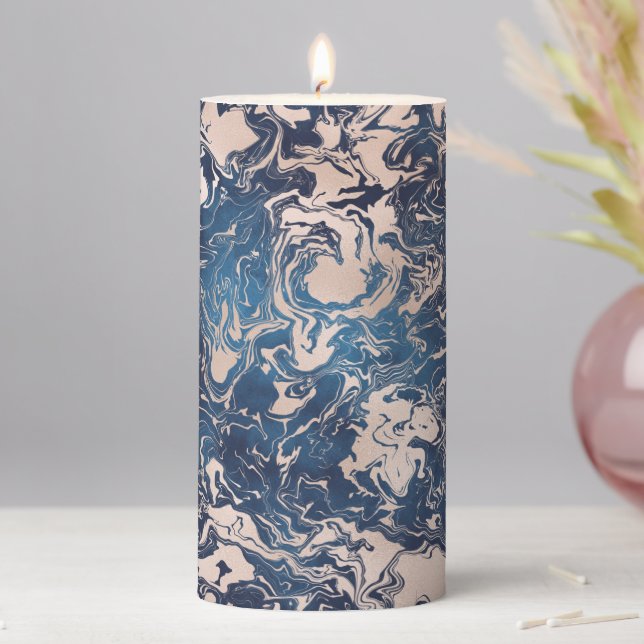 Elegant Indigo Blue Pink Cream Marble Pattern Pillar Candle (In Situ)