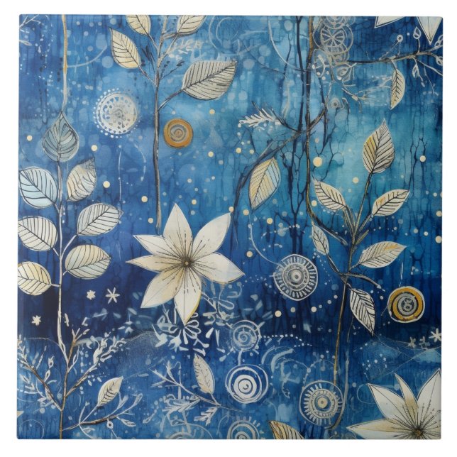 Elegant Indigo Blue Winter Botanical Ceramic Tile (Front)