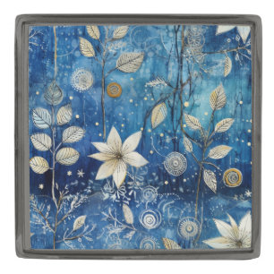 Elegant Indigo Blue Winter Botanical Gunmetal Finish Lapel Pin
