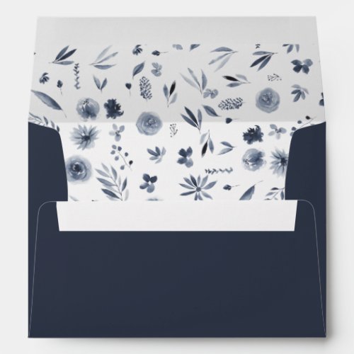 Elegant indigo initials floral watercolor wedding envelope