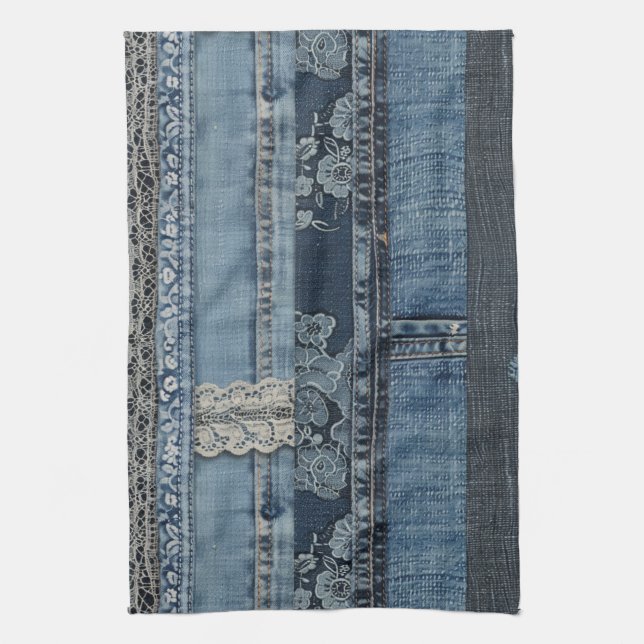 Elegant Indigo Lace Stripe Denim Pattern (2) Kitchen Towel (Vertical)